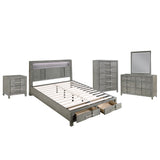 KENZO Modern Queen 5-Piece Storage Bedroom Set in Gray Finish with LED Headboard, Bluetooth Speakers, USB Ports, Dresser, Mirror, Nightstand and Chest