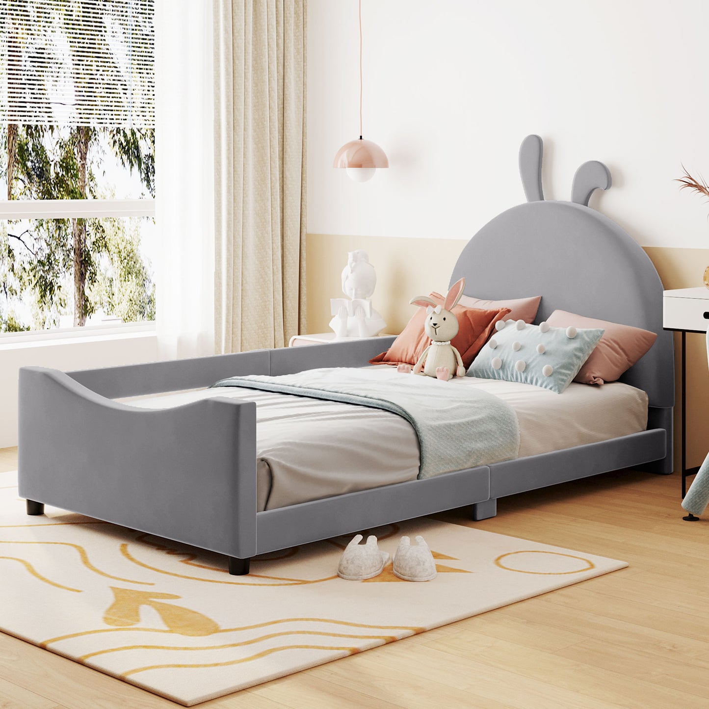 Twin Size Upholstered Daybed with Rabbit Ear Shaped Headboard, Gray(OLD SKU: WF308907AAE)