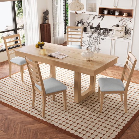 5-Piece Extendable Dining Table Set, Farmhouse Extendable Table with 18' Move Leaf, 78' Rustic Wooden Kitchen Table and 4 piece Upholstered Chairs, Expanding Dining Room Table Set, Natural + Beige