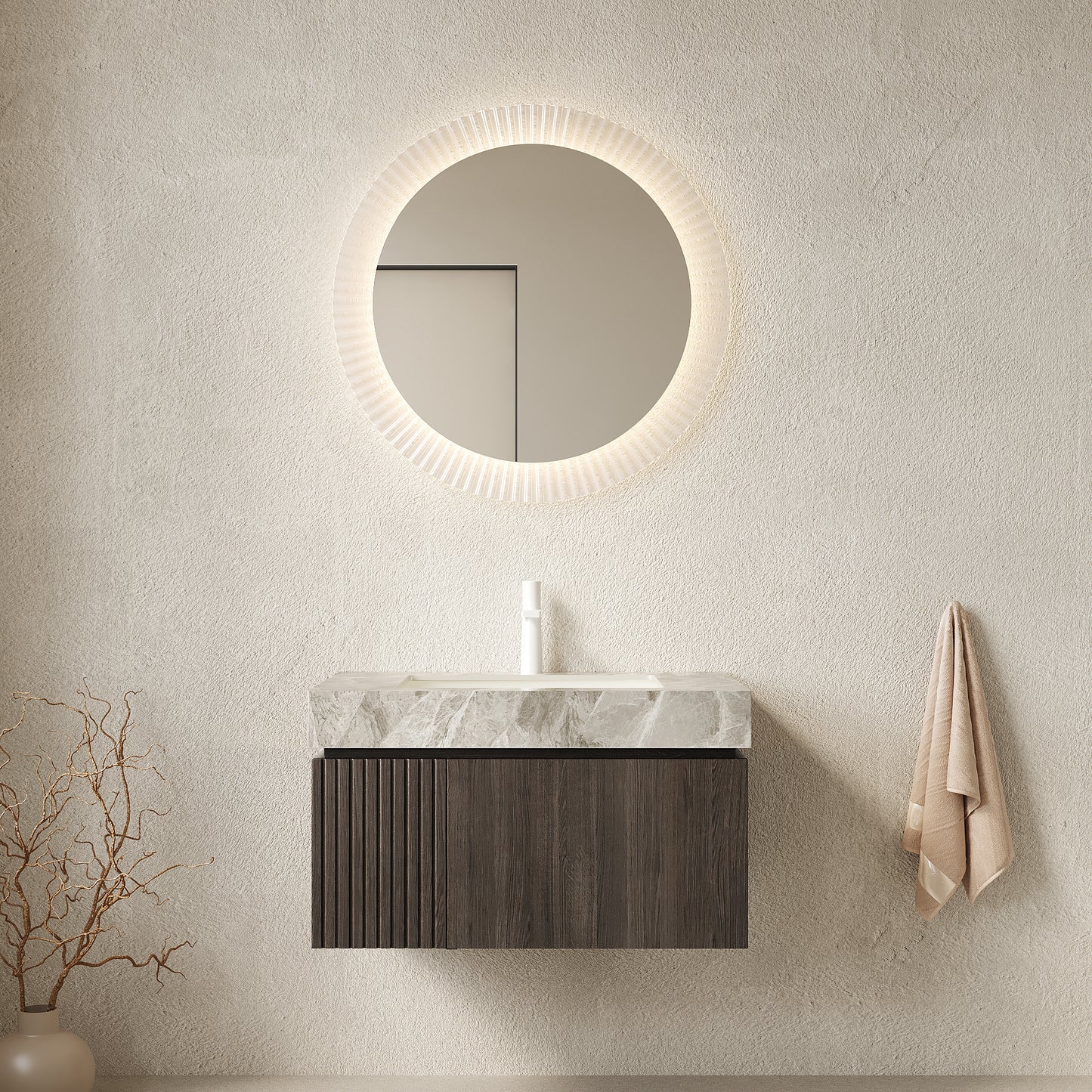 MURI 30' Bathroom Vanity&Sink, Floating Plywood Storage Cabinet with Drawer&Door, Light Gray Sintered Stone Top&Ceramic Basin with 1 Pre-drilled Faucet Hole, Pre-assembled, Espresso Woodgrain Color
