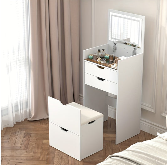 Dressing Table and Stool, 3-in-1 Multifunctional Dressing Table Set, Featuring Three-color Lighting Modes, HD Mirror, Two Sliding Drawers, and a Hidden Storage Stool