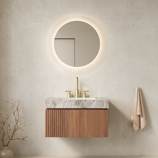 MURI 30' Bathroom Vanity&Sink, Floating Plywood Storage Cabinet with Drawer&Door, Light Gray Sintered Stone Top&Ceramic Basin with 3 Pre-drilled Faucet Holes, Pre-assembled, Brown Oak Woodgrain Color