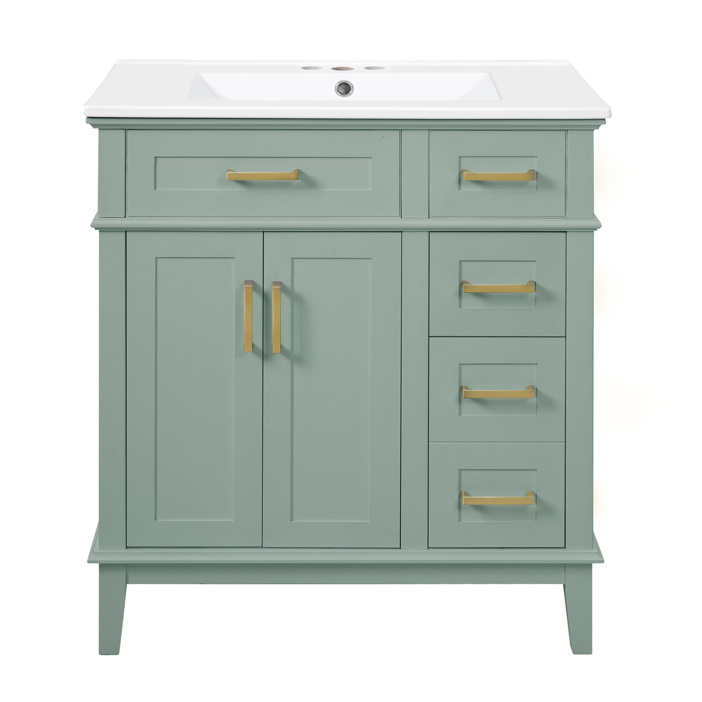 Modern 30' Bathroom Vanity with Ceramic Sink, Light Green Storage Cabinet, Soft-Close Doors, Deep & Standard Drawers, Solid Wood+MDF Construction