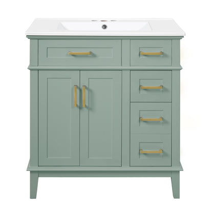 Modern 30' Bathroom Vanity with Ceramic Sink, Light Green Storage Cabinet, Soft-Close Doors, Deep & Standard Drawers, Solid Wood+MDF Construction