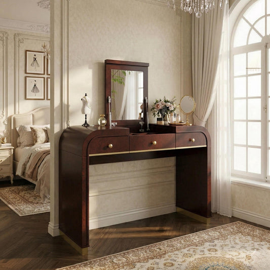 Classic Wood Vanity Desk with Flip Mirror, 3-in-1 Dressing Table with 2 Drawers and Storage Space for Bedroom, Espresso
