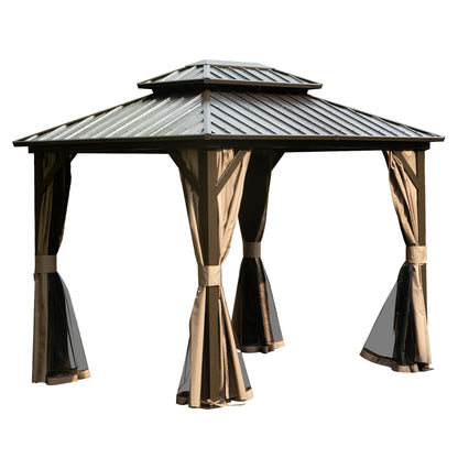 8' x 10' Hardtop Gazebo Permanent Metal Gazebo with Galvanized Steel Double Roof, Curtains and Netting for Party, Wedding, Outdoor Dining, Patio, Backyard, Brown