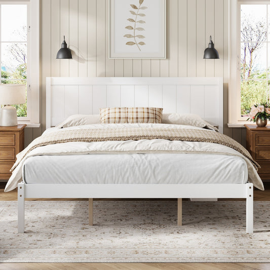 Platform Bed Frame with Headboard , Wood Slat Support , No Box Spring Needed ,King,White