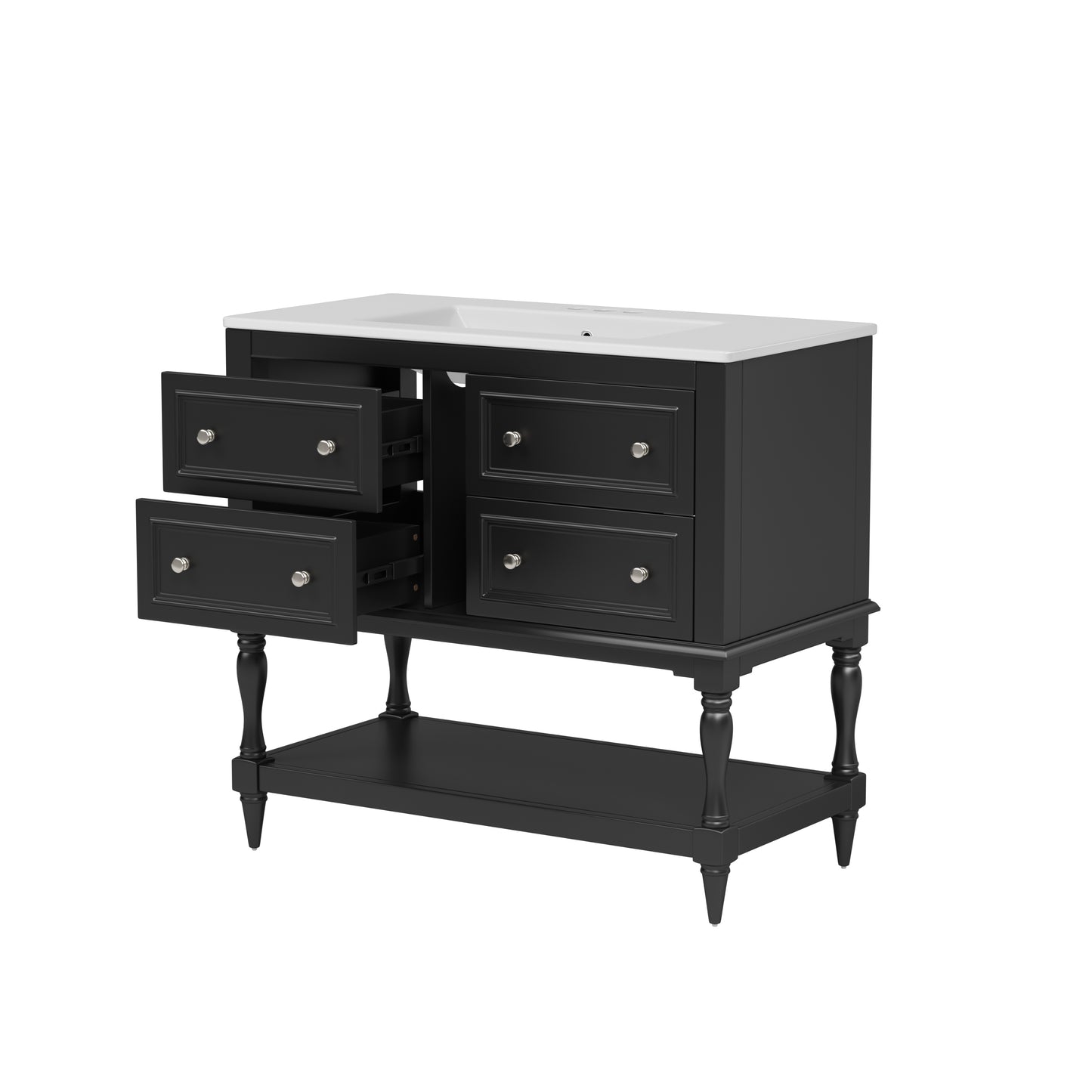Modern 36' Bathroom Vanity Cabinet with Undermount Ceramic Sink, 4-Drawer Solid Wood Frame Set in Black, MDF and Pine Construction