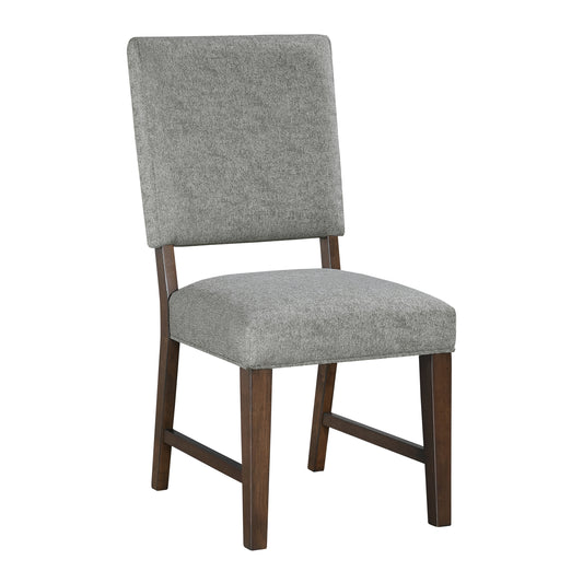 Walnut Finish Wood Side Chairs Set of 2, Gray Textured Fabric Upholstered Seat and Back Modern Dining Furniture