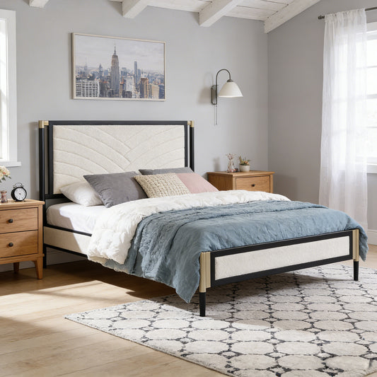 Full size Bed with White Boucle fabric Headboard,Champagne Silver+Black Frame