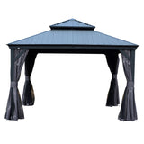 12'x12' Hardtop Gazebo with Resin Roof, Outdoor Metal Gazebo with Drainage Gutters, Permanent Heavy Duty Pavilion for Patio, Backyard and Deck, Curtains and Mosquito Netting Included
