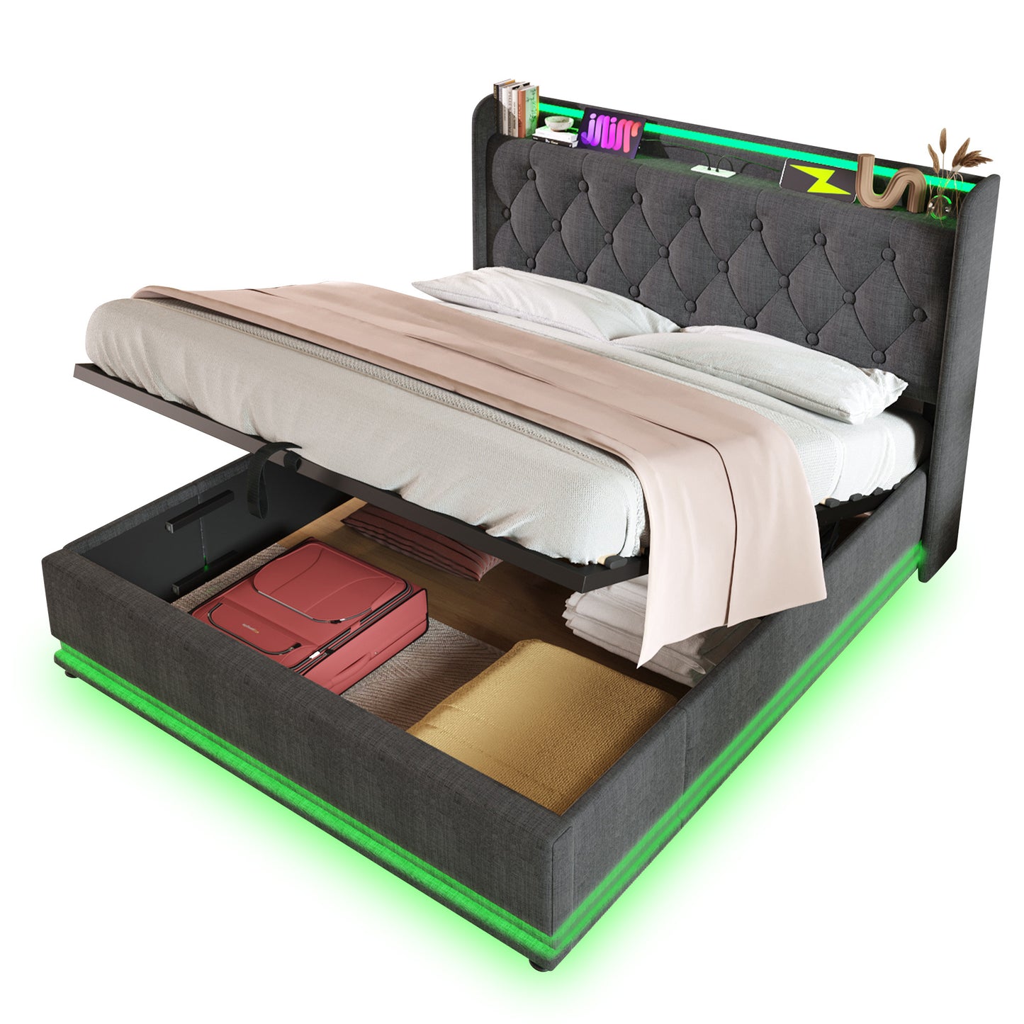 King size Upholstered bed, 360 surround LED function, Buttons/Apps/Remote Control, hydraulic storage bed with USB Type-C charging, Gray, Linen (Without mattress)