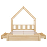 Wood Queen Size House Platform Bed with Guardrail and 2 Drawers in Natural Finish, Pine Wood and MDF