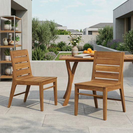 Outdoor Acacia Wood Dining Chair (Set of 2), Teak Finish Patio Chair with Ergonomic Curved Back, Weather Resistant Side Chair for Garden, Backyard, Patio
