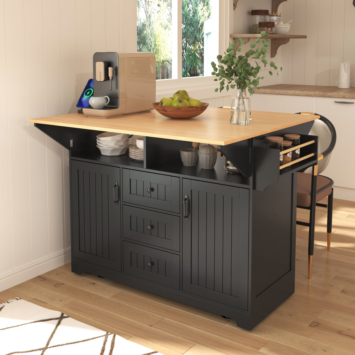 K&K 55.7'' Large Kitchen Island with 2 Drop Leaf,, Rolling Kitchen Cart on 5 Wheels with Power Outlet, Folding Storage Dining Table with Spice & Towel Rack , 3 Drawers, for Kitchen, Dining Room,Black