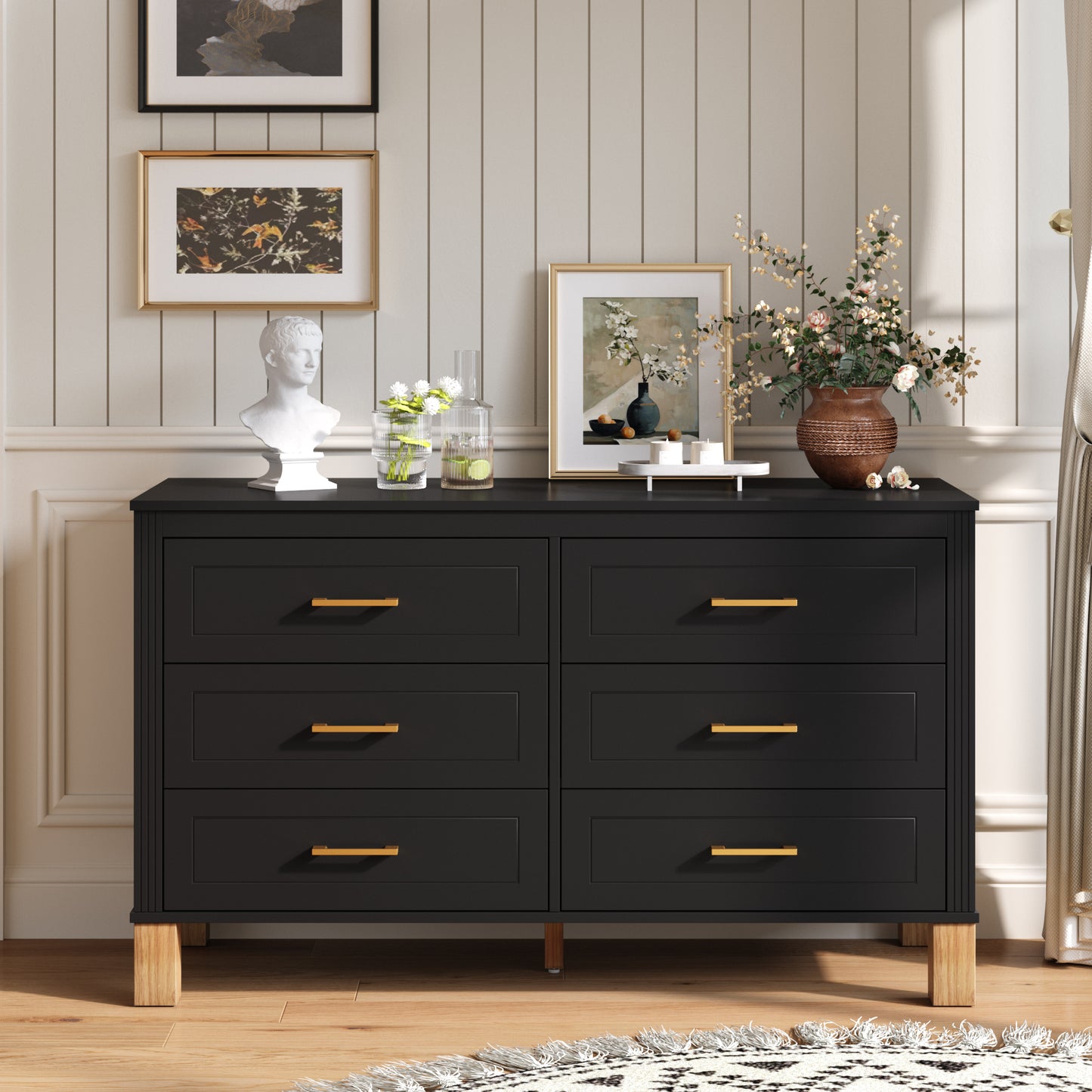 6-Drawer Double Dresser , Modern Storage Cabinet with Metal Handles & Solid Wood Legs, Dresser Drawer Organizer for Kids Bedroom, Heavy-Duty Wooden Dresser with Pre-Installed,Black