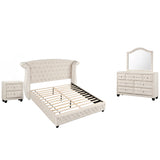 SOPHIA Queen 4-Piece Bedroom Set in Cream with Crystal Tufted Bed, Dresser, Mirror and Nightstand, Modern Wood Furniture Set