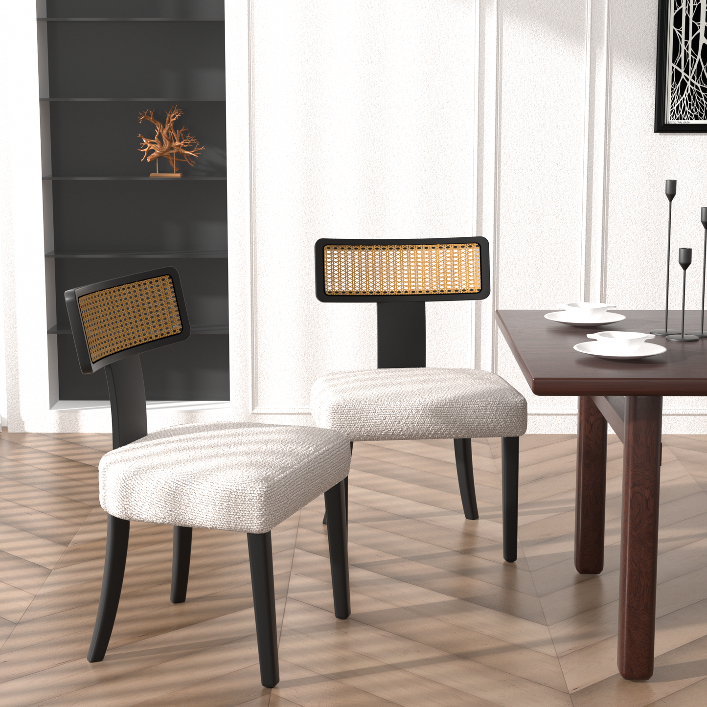 Mid Century Modern Dining Chairs Set of 2,Solid Wood and Rattan Net Back,Dining Room Chairs Accent Side Chairs for Dining Room,Black Frame and Beige Set Coushion