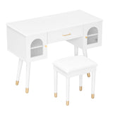Elegant Vanity Makeup Table & Chair Set, Modern Dressing Table with Organizer, Writing Desk, Charging Port, White, Engineered Wood