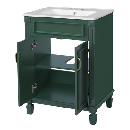 Modern Green Bathroom Vanity with Top Sink, Solid Wood Frame Cabinet, 2 Soft-Closing Doors, Ceramic Basin, 24''