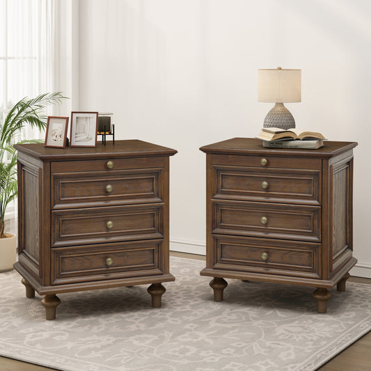Farmhouse Nightstands Set of 2 with 4 Drawer,Wood Storage End Table with Hidden Pull-Out Shelf, Large Side Table with 4 Solid Wood Feet and Metal Handle,Easy Assembly,Walnut Brown
