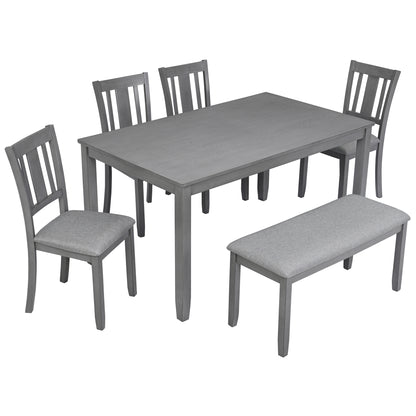 6PCs Kitchen Dining Set, Rectangular Wooden Dining Table with 4 Upholstered Chairs and a Bench, Dining Table Set for 6 People, Living Room, Home Bar and Kitchen, Gray