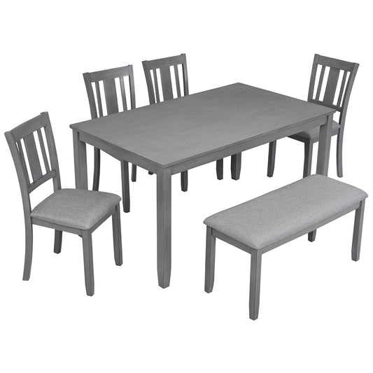 6PCs Kitchen Dining Set, Rectangular Wooden Dining Table with 4 Upholstered Chairs and a Bench, Dining Table Set for 6 People, Living Room, Home Bar and Kitchen, Gray