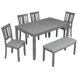 6PCs Kitchen Dining Set, Rectangular Wooden Dining Table with 4 Upholstered Chairs and a Bench, Dining Table Set for 6 People, Living Room, Home Bar and Kitchen, Gray
