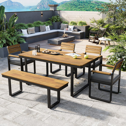 6-Piece Outdoor Dining Set, Acacia Wood, 1 Table with 4 Chairs & 1 Bench for 6-7 Person, Comfortable Cushions on Chairs, Adjustable Feet, for Patio, Garden, Backyard Dining, Gray Cushion