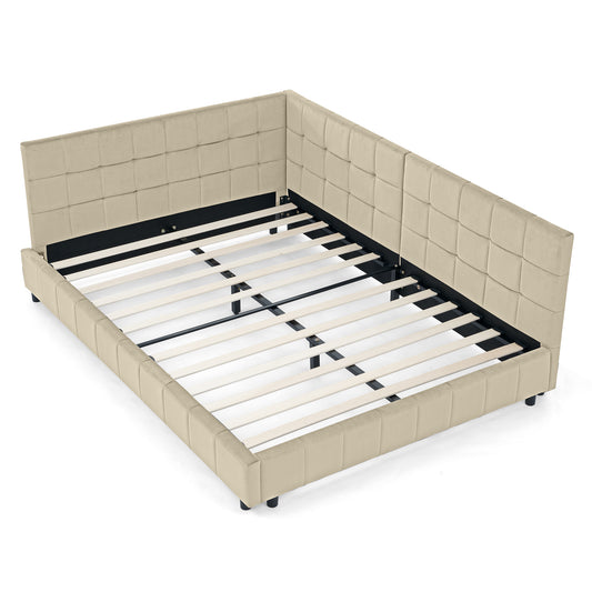 Mid-Century Full Size Upholstered Tufted Bed Frame with Comfortable Backrest and Armrests, Velvet, Beige