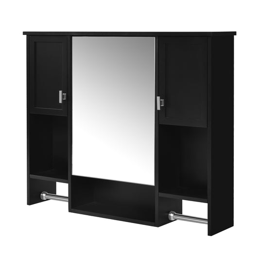 Modern Black Wall-Mounted Bathroom Storage Cabinet with Mirror and Towel Bar, 35'' x 28'' MDF Cabinet with Adjustable Shelves