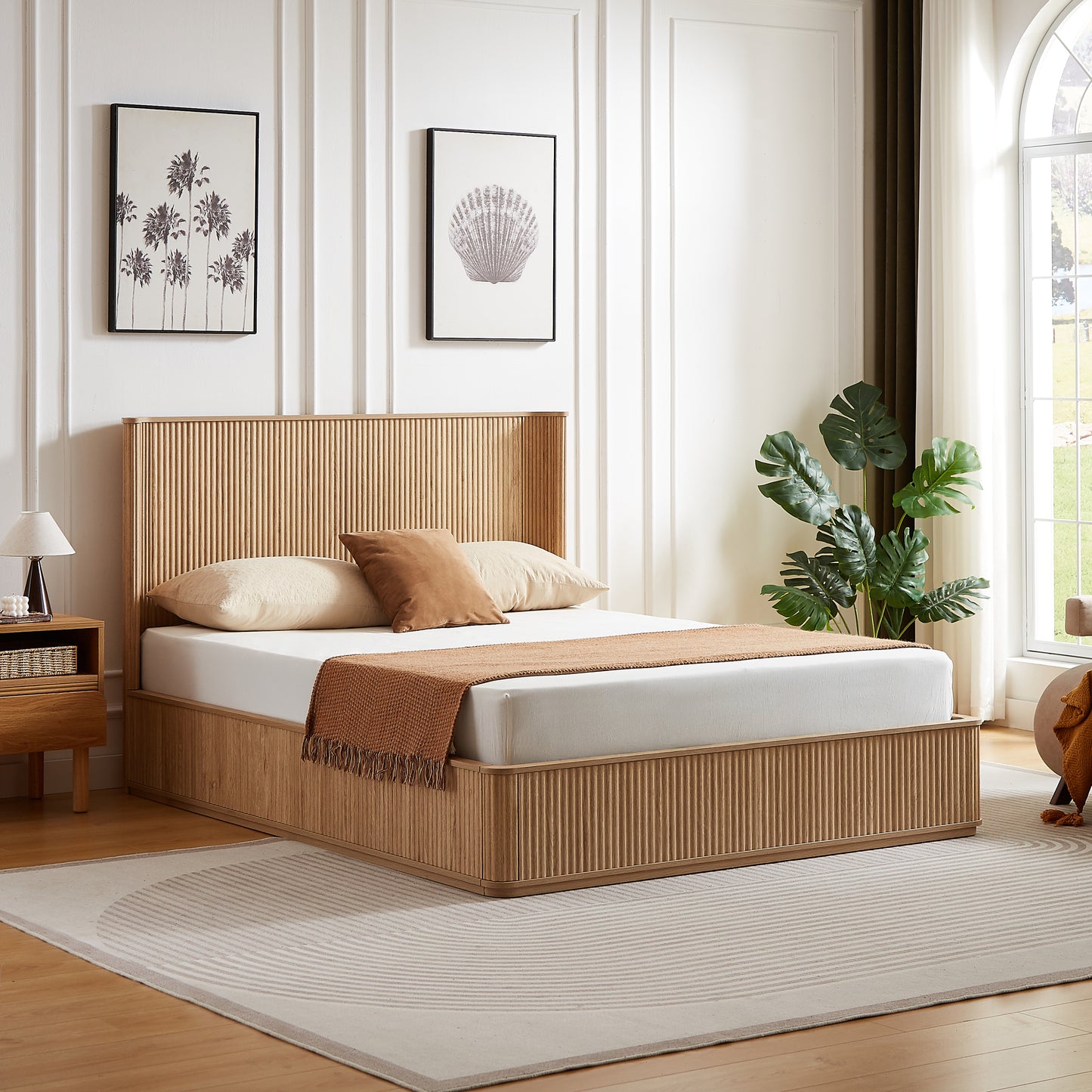 Natural Oak Corrugated Wave Wood Headboard Platform Bed frame, 44' Tall Headboard Queen Size Bed Frame, Modern Minimalist, Easy Assembly, No Box Spring Required