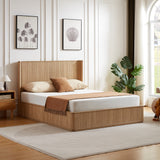 Natural Oak Corrugated Wave Wood Headboard Platform Bed frame, 44' Tall Headboard Queen Size Bed Frame, Modern Minimalist, Easy Assembly, No Box Spring Required