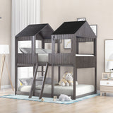 Full Over Full WoodBunk Bed with Roof, Window, Guardrail, Ladder(Antique Gray)( old sku: LT000031AAE )