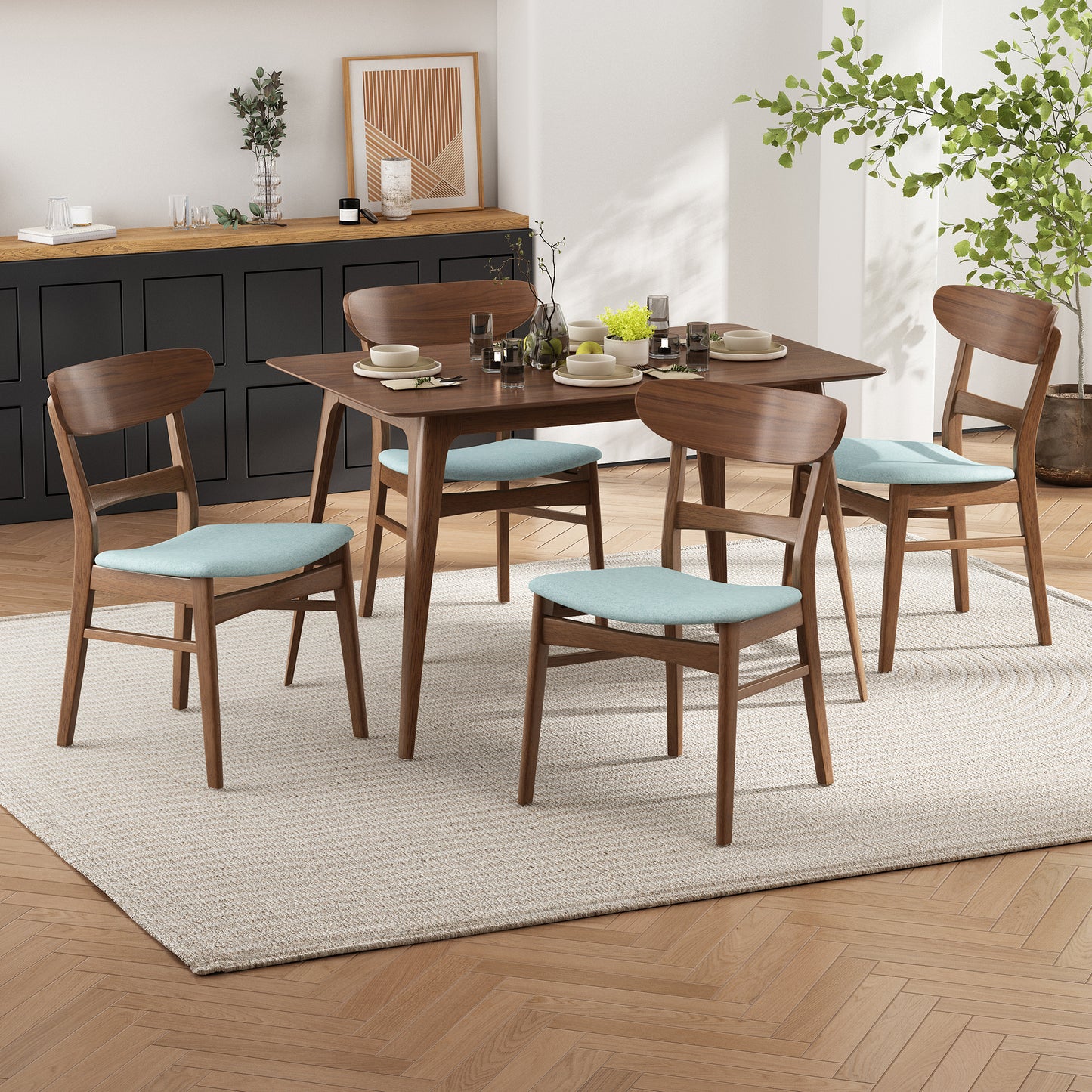 [Video] Mid-Century Modern 5-Piece Dining Set, Rubberwood Frame, One Table and 4 Upholstered Chairs, Walnut + Mint (same sku: N759S001011M)