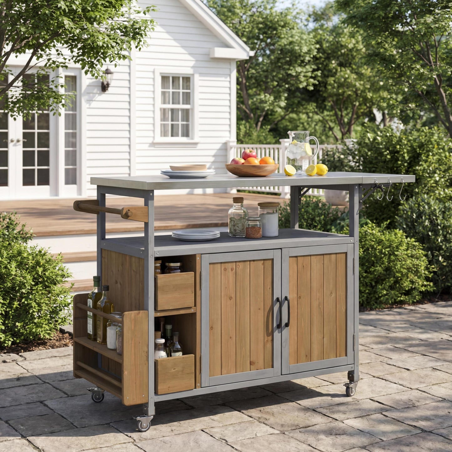 54.33' Farmhouse Rolling Outdoor Kitchen Cart, Solid Wood Frame with Stainless Steel Top, Spice Rack, Towel Rack, Lockable Wheels & Multi-Functional Storage for Patio, Backyard BBQ & Kitchen