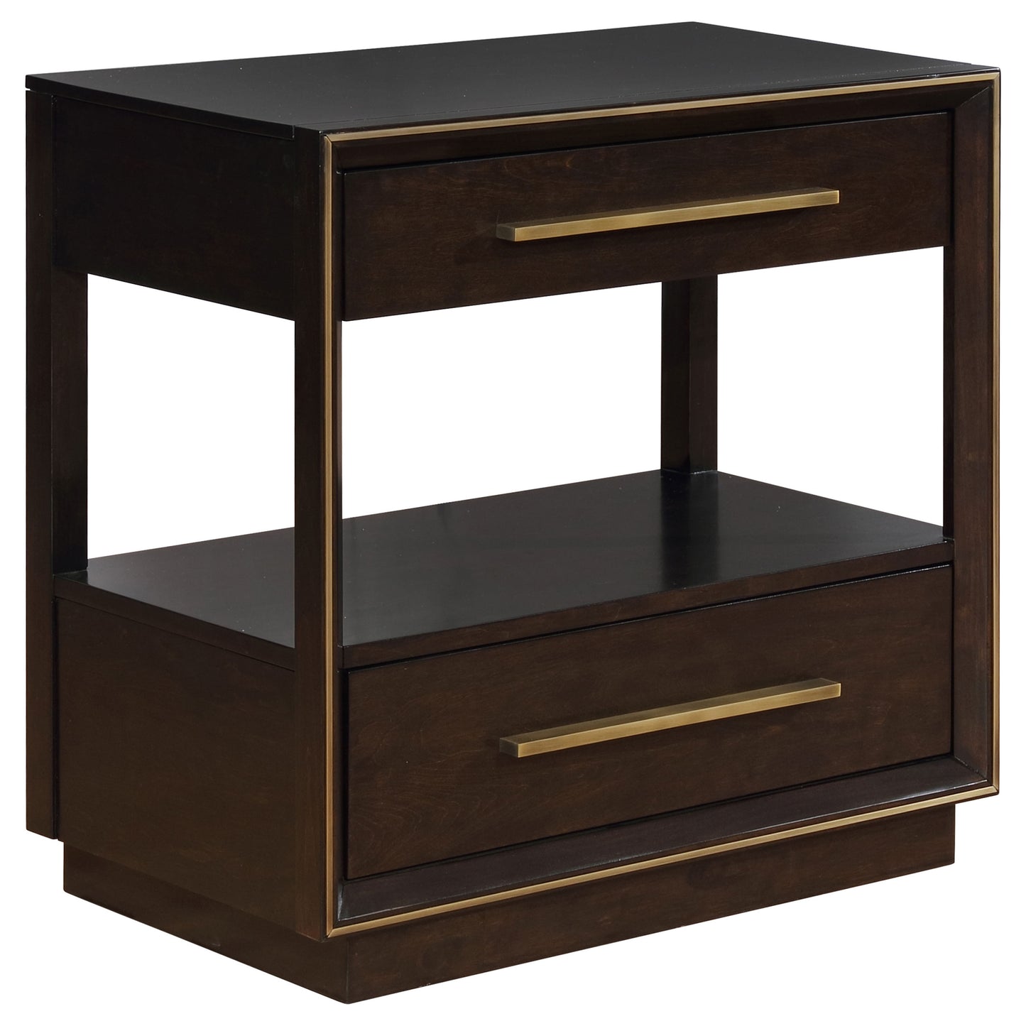 Modern Smoked Peppercorn 2-Drawer Nightstand with Gold Trim and USB Charging: Brown Wood Finish, 30 x 18 x 29.5 Inches