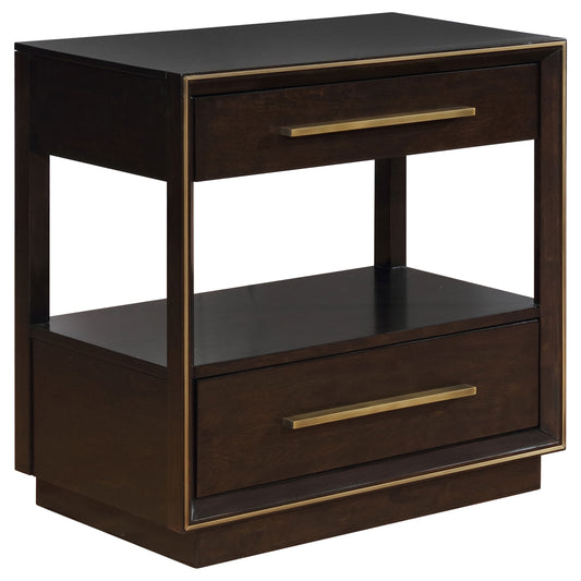 Modern Smoked Peppercorn 2-Drawer Nightstand with Gold Trim and USB Charging: Brown Wood Finish, 30 x 18 x 29.5 Inches