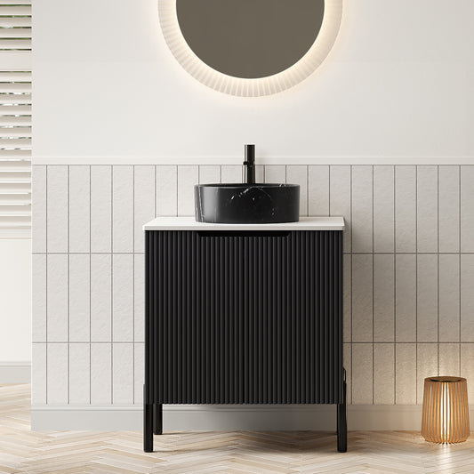 TURIO 24' Bathroom Vanity with Sink, Freestanding Bathroom Storage Cabinet with 2 Doors, Black Round Ceramic Basin with Stone Pattern & Carrara White Sintered Stone Countertop, No Faucet, Black Color