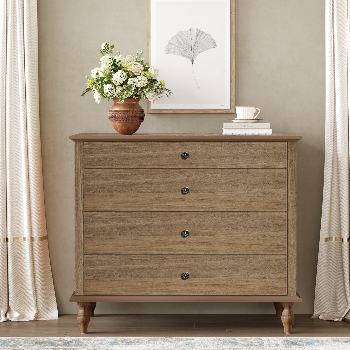 Large 4-Drawer Chest with Solid Wood Foot, Dresser with Brushed Light Brown Finish & Metal Drawer Knobs, Antique Design for Bedroom & Nursery