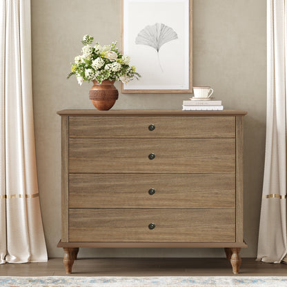 Large 4-Drawer Chest with Solid Wood Foot, Dresser with Brushed Light Brown Finish & Metal Drawer Knobs, Antique Design for Bedroom & Nursery