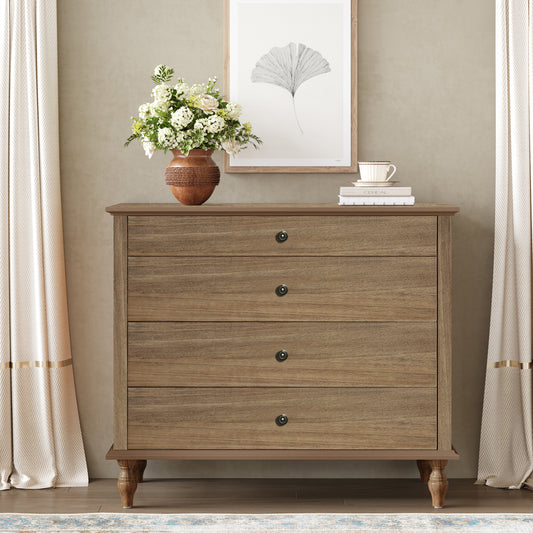 Large 4-Drawer Chest with Solid Wood Foot, Dresser with Brushed Light Brown Finish & Metal Drawer Knobs, Antique Design for Bedroom & Nursery