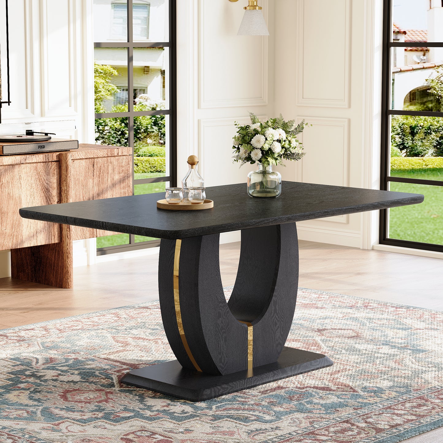 Modern minimalist MDF black wood grain MDF dining table for 4-6 people.Suitable for dining rooms,living rooms,terraces,and kitchens.Black Wood Grain desktop with MDF U-shaped legs.63''*37''*30''