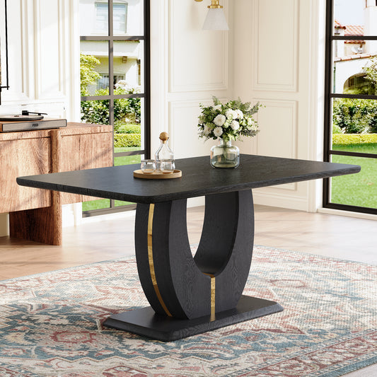 Modern minimalist MDF black wood grain MDF dining table for 4-6 people.Suitable for dining rooms,living rooms,terraces,and kitchens.Black Wood Grain desktop with MDF U-shaped legs.63''*37''*30''