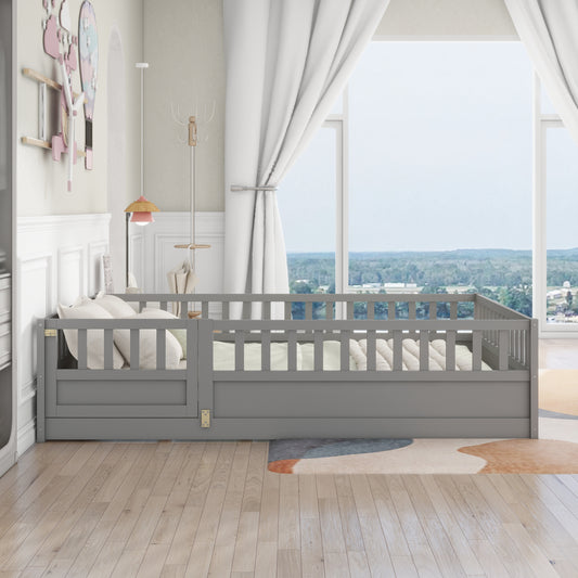 Full size  Floor bed, integral construction with super high security barrier, door, children's floor bed frame, Montessori wooden children's floor bed, Support slat Grey(Patented model)