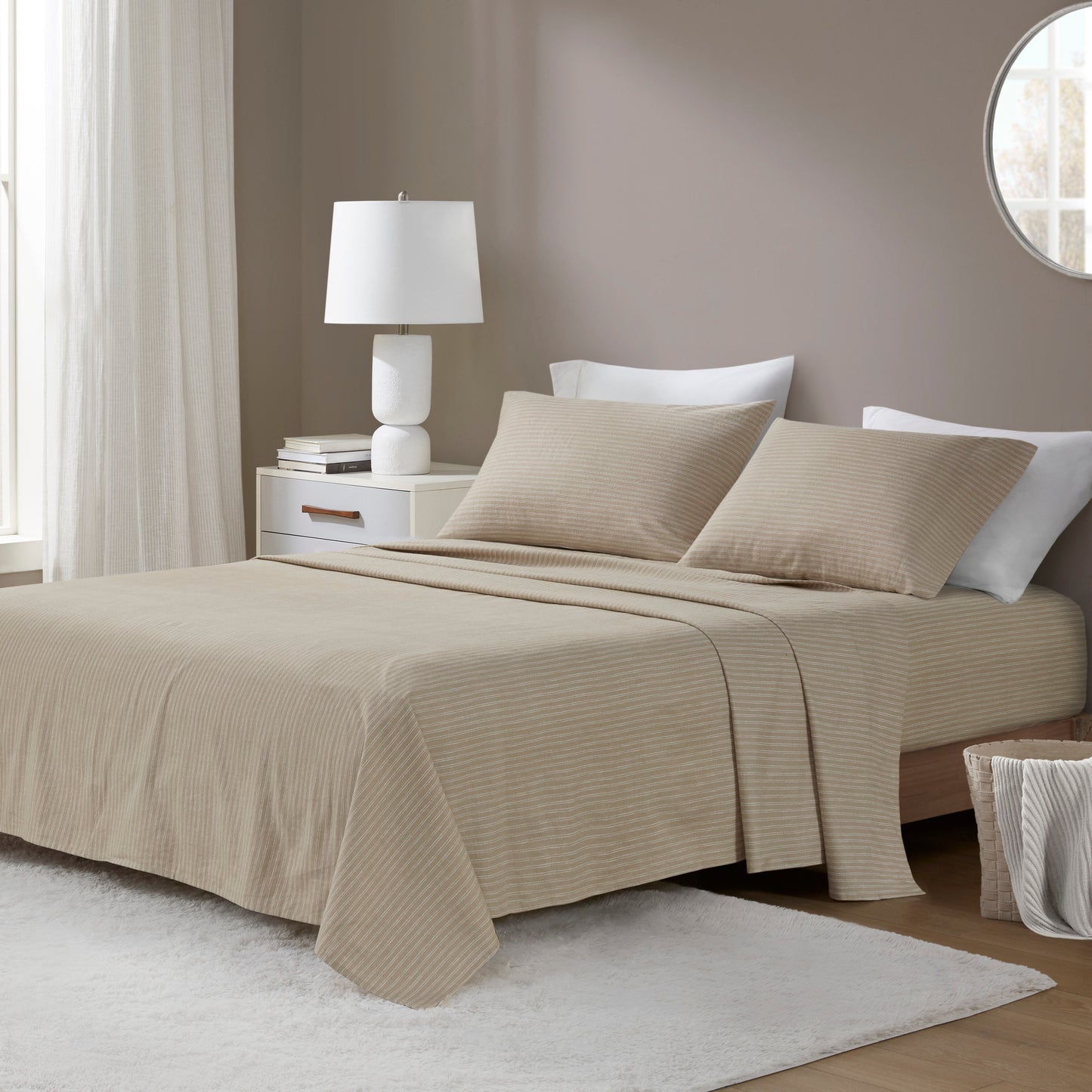 4-Piece King 100% Cotton Printed Sheet Set,Beige/White Stripes