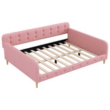 Rubine Queen Size Upholstered Daybed with 4 Support Legs in Pink Linen Fabric over Foam, Solid Pine Wood and MDF Frame