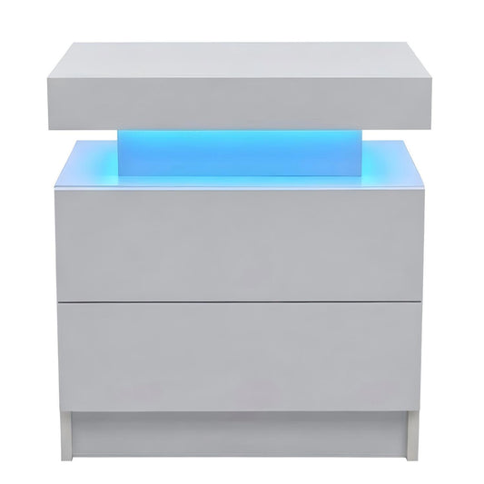 Modern LED Bedside Table Cabinet with Adjustable Lights and 2 Drawers, White, Engineered Wood, 19.30 x 13.70 x 20.50 inches