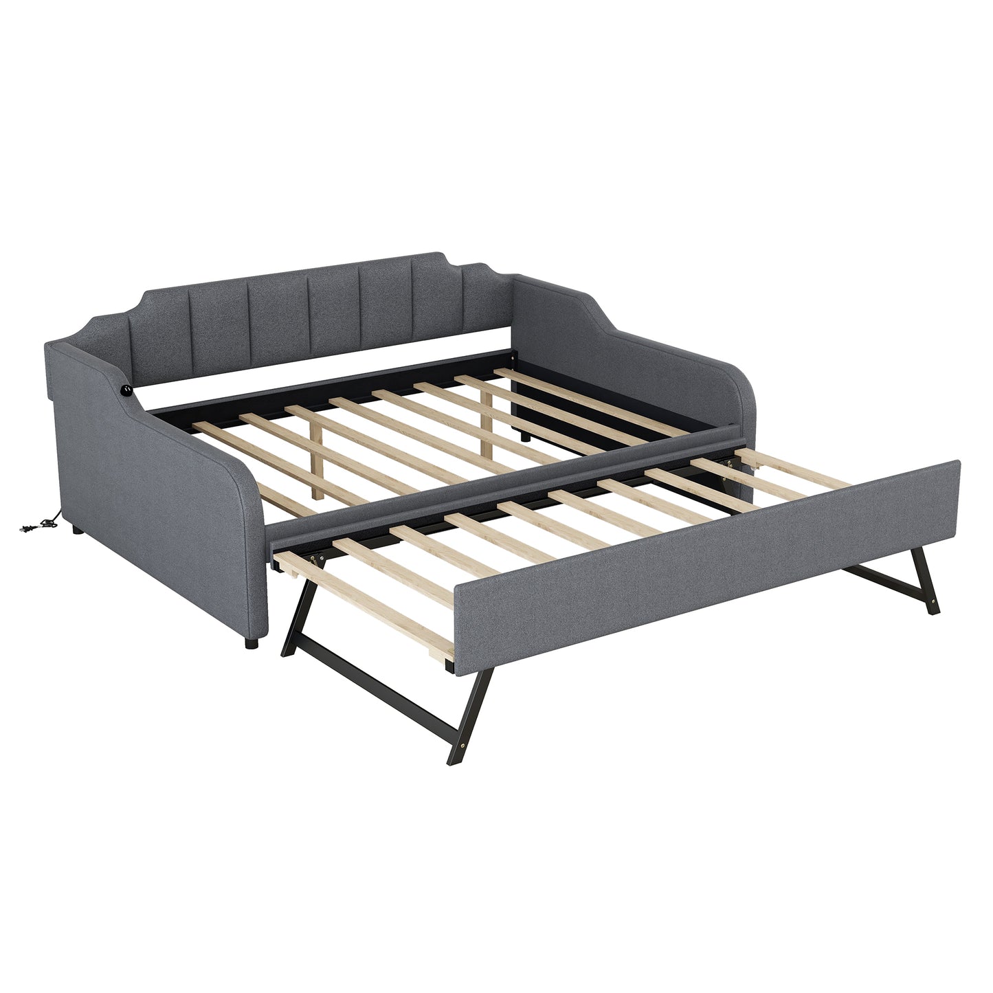 Full Size Upholstered Daybed with Trundle and USB Charging, Gray, Pine Wood and Woven Fabric