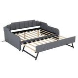 Full Size Upholstered Daybed with Trundle and USB Charging, Gray, Pine Wood and Woven Fabric